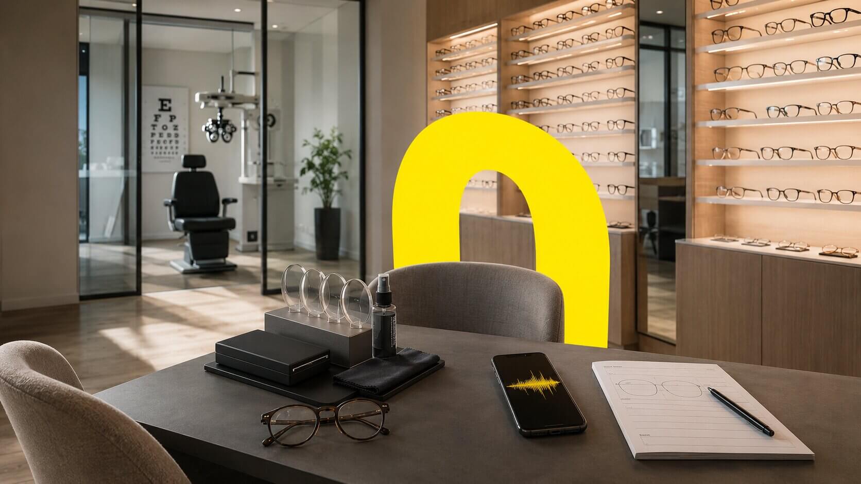 DI agentas optikos salonui — elegantiškas akinių salonas su rėmų ekspozicija