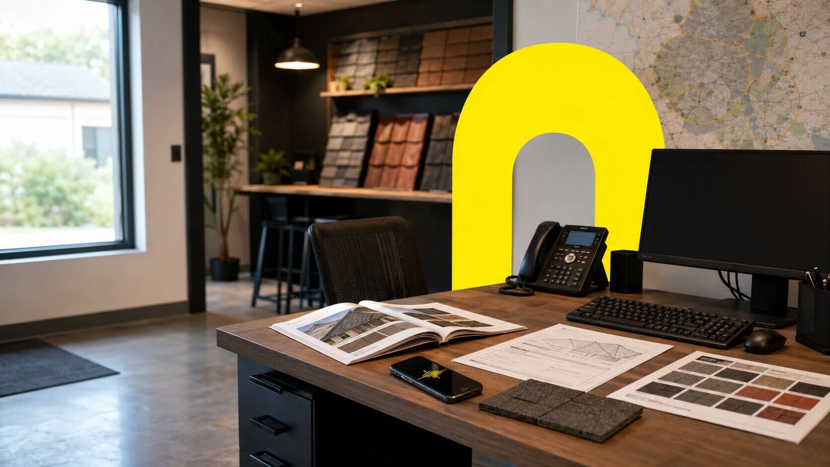 DI agentas stogų dengimo įmonės — An empty roofing company office with a materials c...